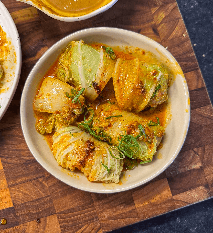 Steamed Cabbage Dumplings with Curry Satay Sauce