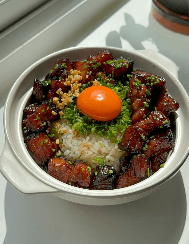 Air Fryer Sticky Soy Pork Belly Bites with Garlic Fried Rice