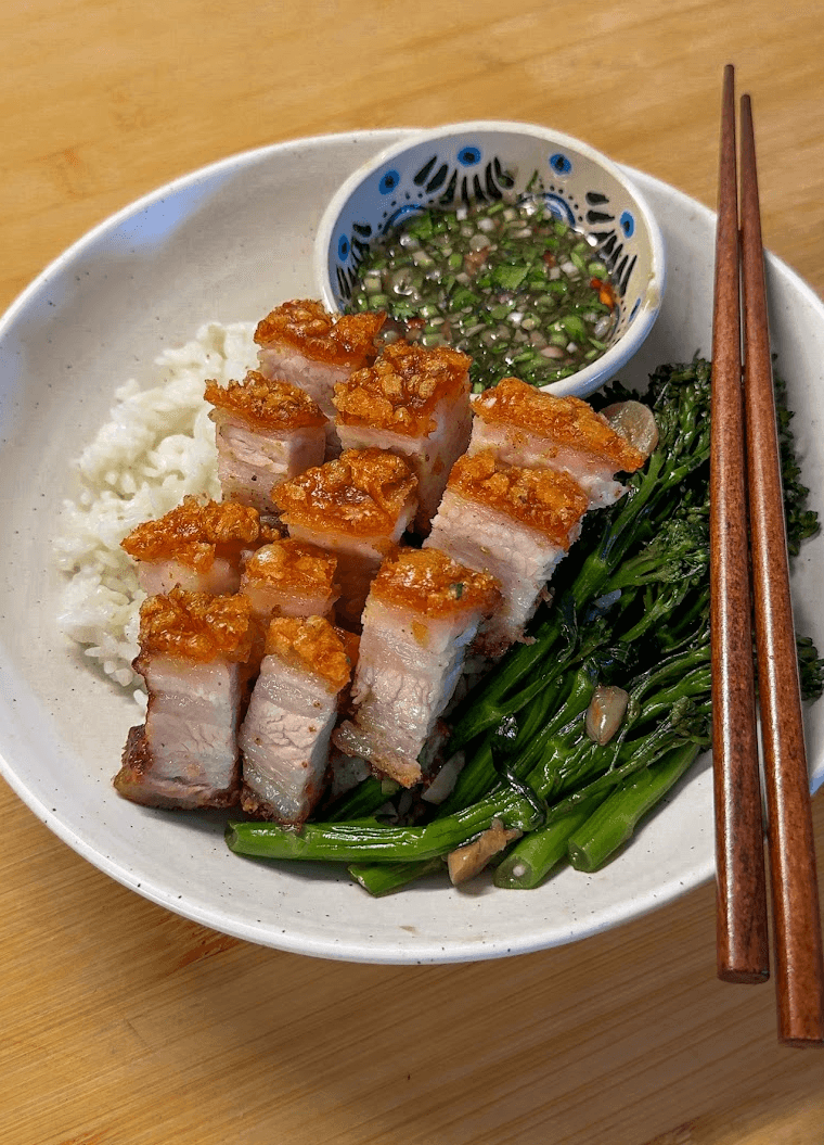 Crispy Pork Belly (Siu Yuk) with Nam Jim Jaew
