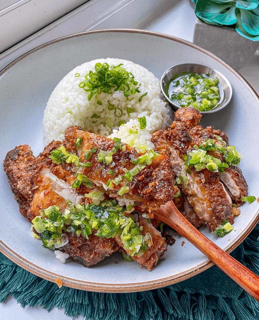 Air Fryer Crispy Soy Chicken Thighs with Ginger Scallion Oil