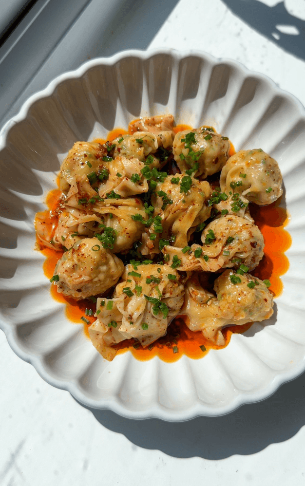 Shrimp & Chive Wontons in a Spicy Chilli Sauce